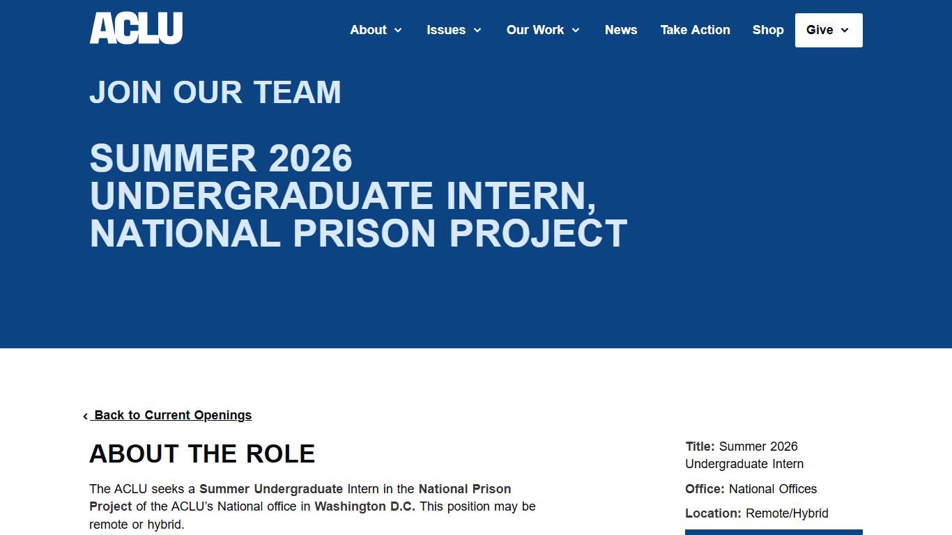 Summer 2026 Undergraduate Intern, National Prison Project American Civil Liberties Union
