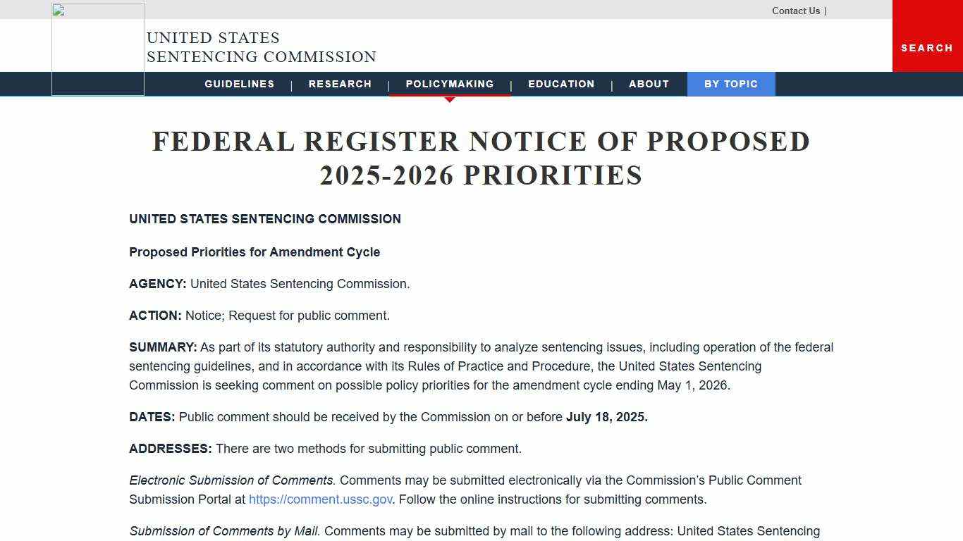Federal Register Notice of Proposed 2025-2026 Priorities United States Sentencing Commission